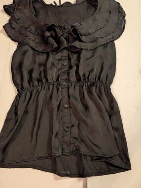 Lapis Black Ruffle Collar Button-Front Sheer Blouse Sz Small